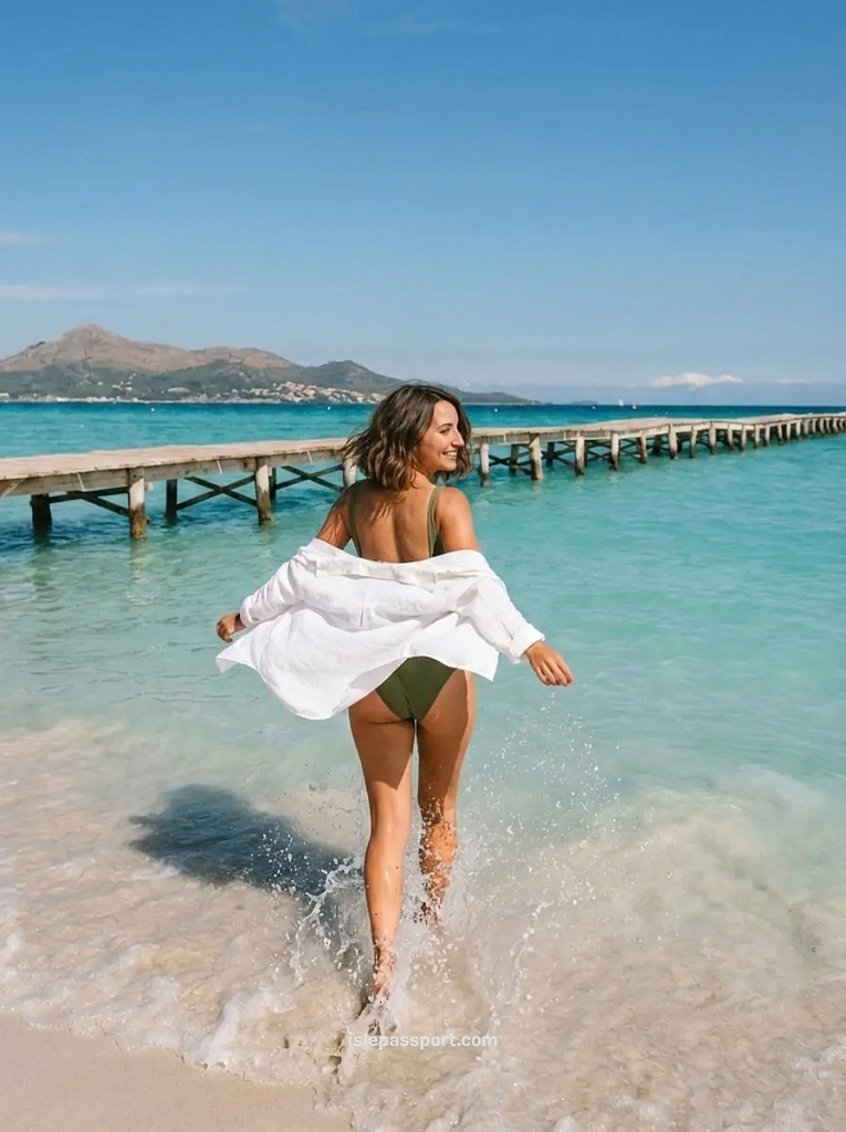 A woman in a white shirt walking into the turquoise water at Playa de Muro near Alcudia, a top-rated family-friendly area in Mallorca.