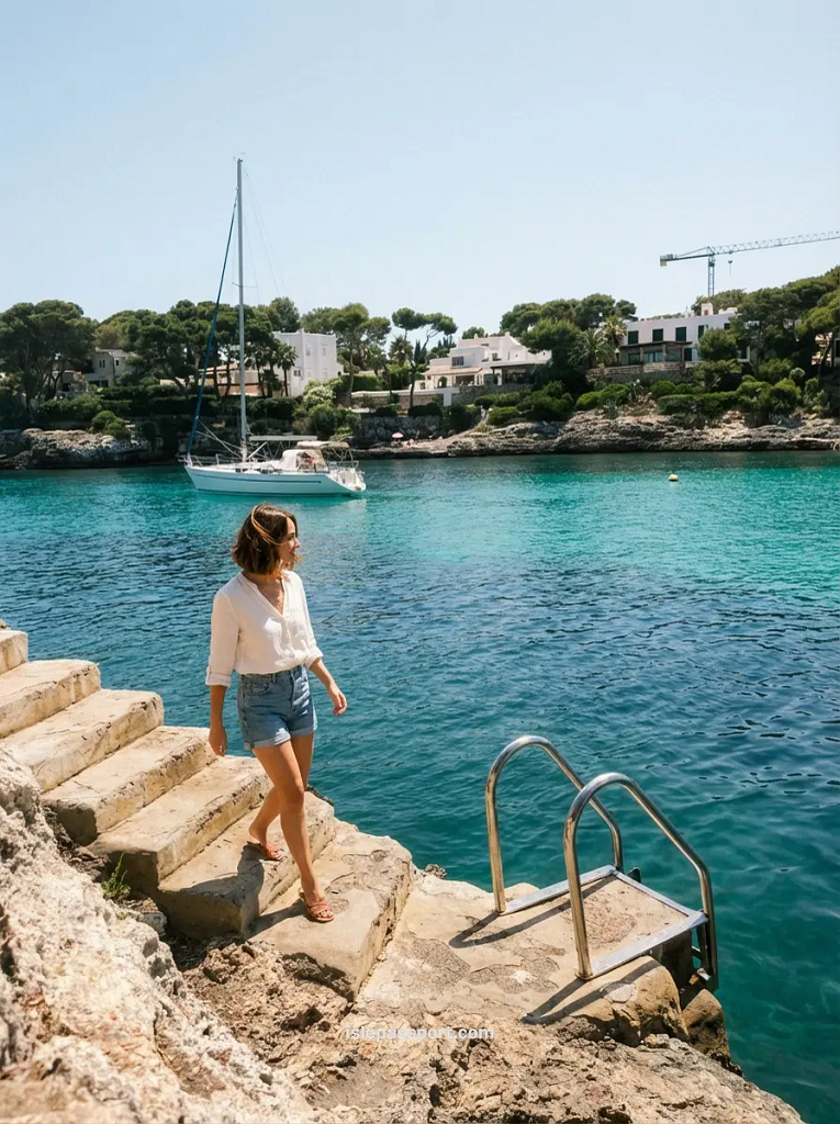 A beautiful hidden cove with turquoise water and white villas in Cala d'Or, a top pick for where to stay in Mallorca for beach lovers.