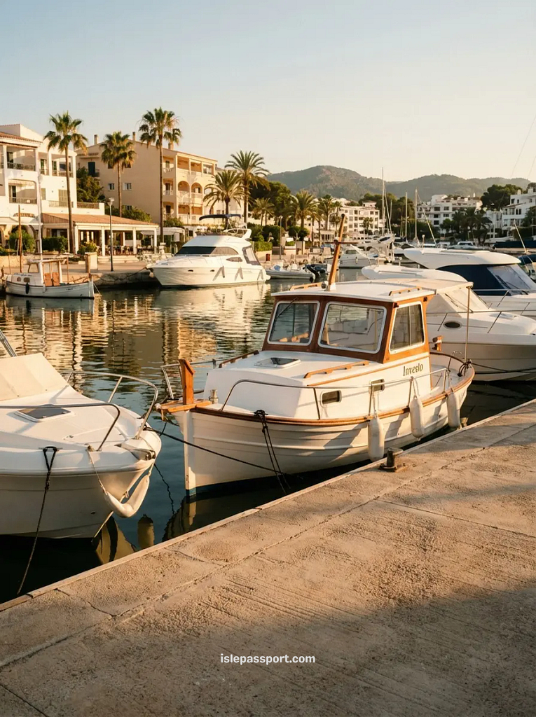 Traditional wooden boats and modern yachts moored in the Cala d'Or marina at sunset, a beautiful area to consider for where to stay in Mallorca.