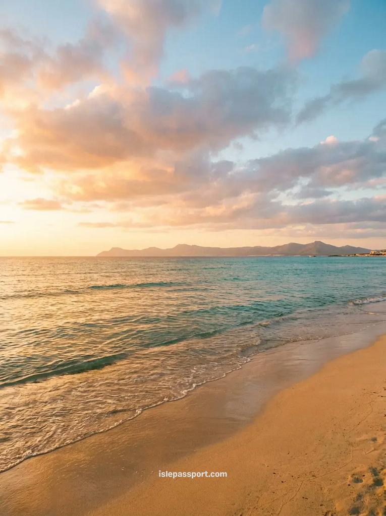 A wide, sandy beach in Can Picafort during a golden sunset, a great budget-friendly area for those deciding where to stay in Mallorca.