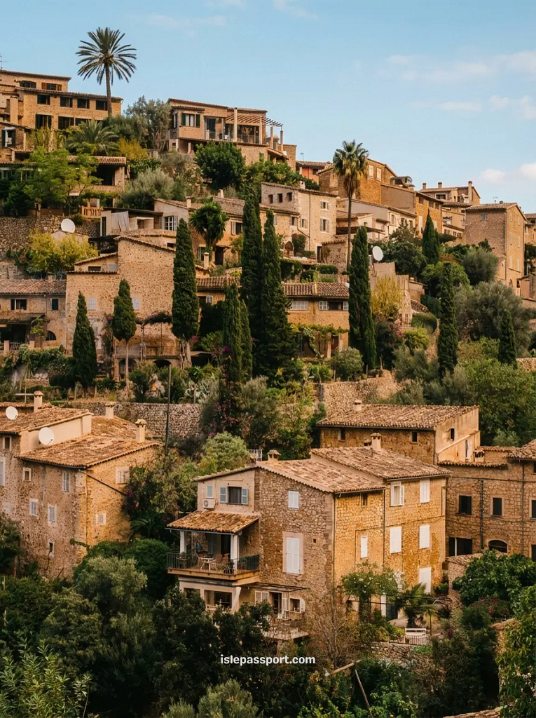 A view of the hillside village of Deià with traditional stone houses and terraced gardens, a top recommendation for where to stay in Mallorca for couples.