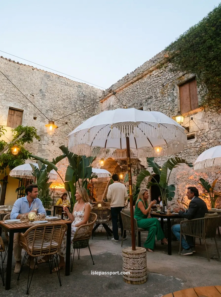 People enjoying dinner at an outdoor restaurant in Palma de Mallorca at night, showing why this is the best area for where to stay in Mallorca for nightlife.