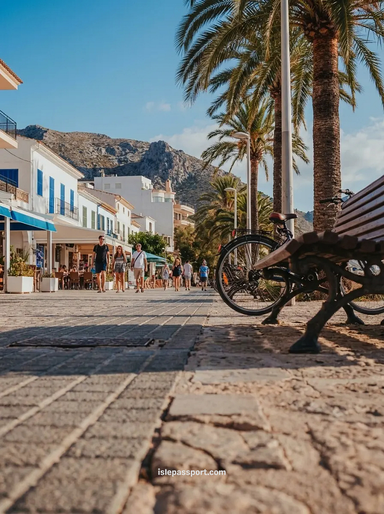 A wide stone promenade in Port de Pollença lined with palm trees and white buildings, a top choice for where to stay in Mallorca without a car.