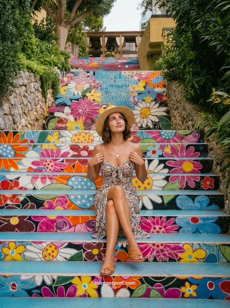 A woman sitting on the vibrant, colorful tiled stairs in Port de Sóller, a scenic highlight for anyone choosing where to stay in Mallorca.