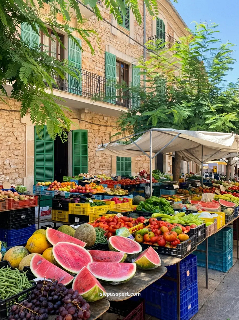A busy street market in the town of Santanyí with stalls selling fresh produce and local crafts, a great authentic area for where to stay in Mallorca.