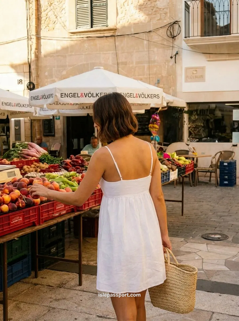 A woman exploring the colourful stalls of Santanyí's famous weekly market, a sun-soaked village in southeast Mallorca beloved by those seeking a quieter, more authentic side of the island away from the main tourist resorts.