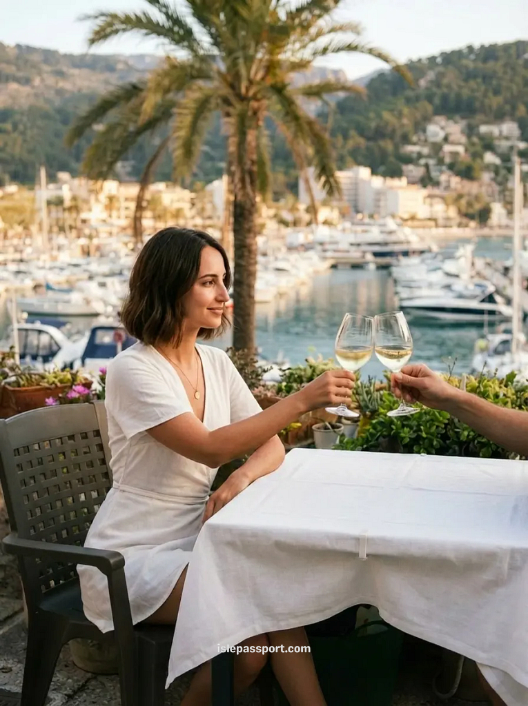 A woman toasting with a glass of white wine at a marina restaurant in Port de Sóller at sunset.
