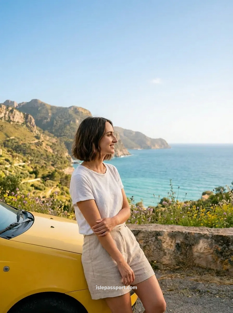 A woman stands by her car at a scenic viewpoint along the Ma-10 mountain road drive in Mallorca, overlooking the Mediterranean Sea and the Serra de Tramuntana mountains.