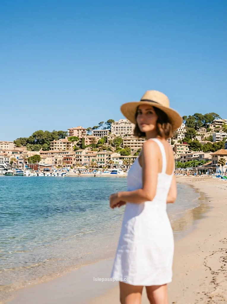 A woman standing on the sand at Platja d'en Repic looking out over the Port de Sóller bay and the hillside.