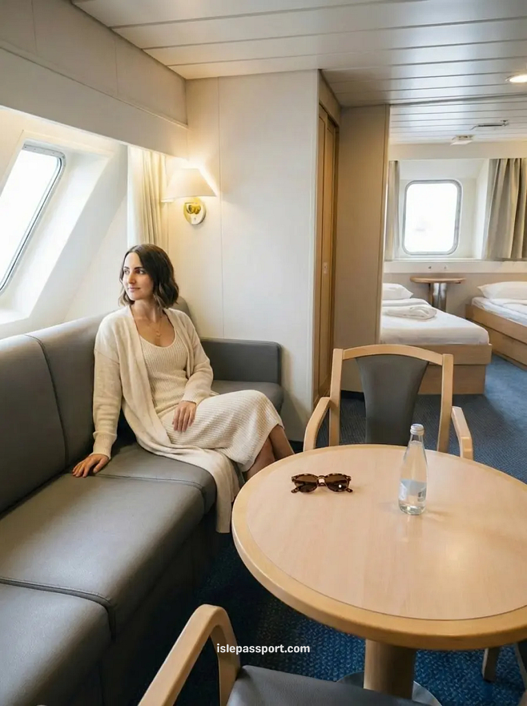 A woman sitting comfortably on a grey sofa inside a bright, clean Balearic ferry cabin on the way to Mallorca.