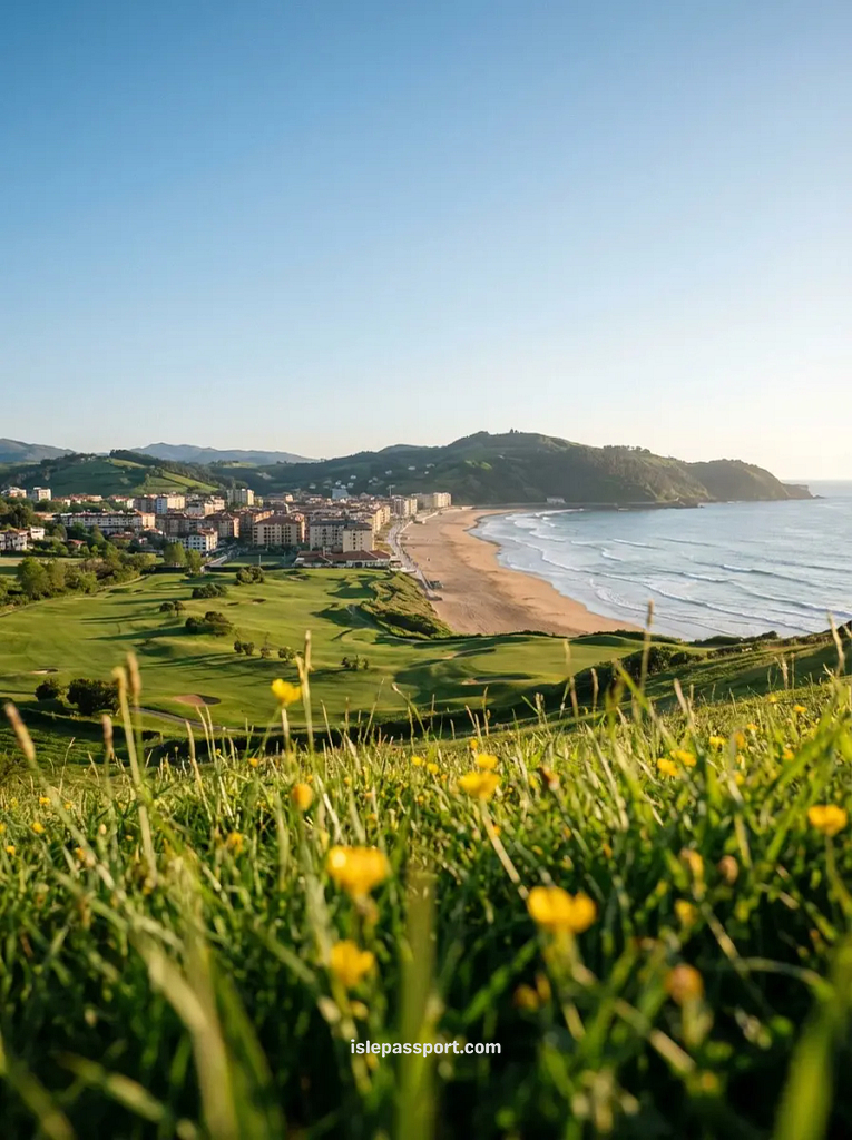 A wide view of the long sandy beach in Zarautz, Basque Country, featuring a colorful striped beach tent in the foreground and the ocean waves of the Bay of Biscay.