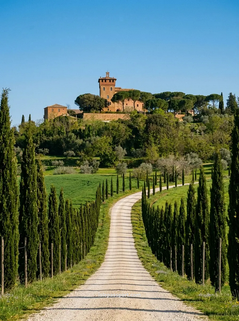 A long, straight dirt road lined with tall cypress trees leading up to a historic stone castle estate on a hill in Tuscany.