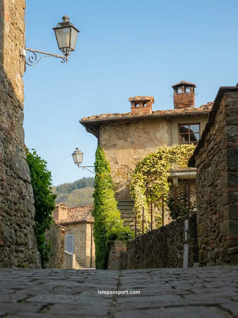A low-angle view of a narrow, quiet cobblestone street in a historic Chianti village featuring stone houses with creeping green vines and vintage lanterns.