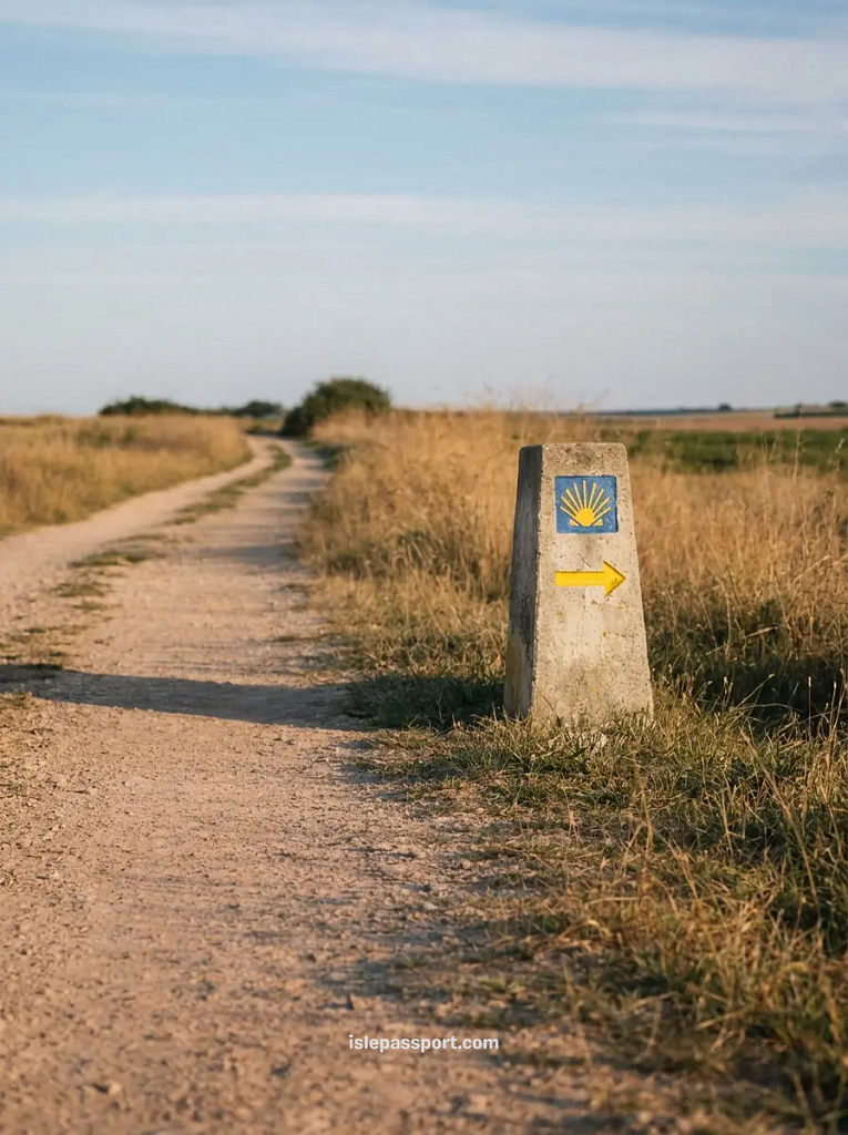 A concrete Camino de Santiago waymarker stone marked with a scallop shell and yellow arrow beside a winding dirt path through golden fields in northern Spain