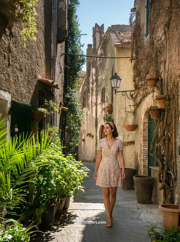 A snapshot of my afternoon walking through a narrow, stone-paved historic alleyway decorated with potted green plants and climbing vines in Capalbio.