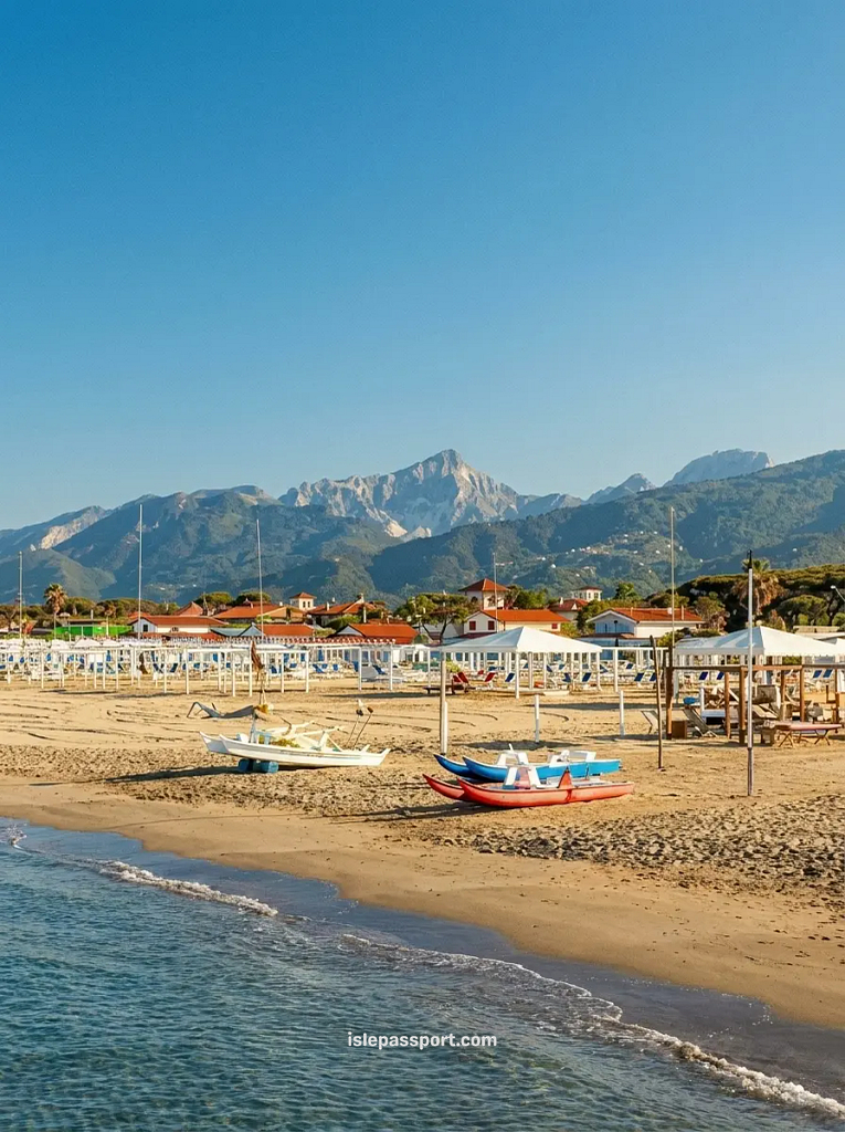 An aerial view of my summer trip to Forte dei Marmi, looking over rows of exclusive beach club bagni with the jagged, marble-white Apuan Alps visible in the background.