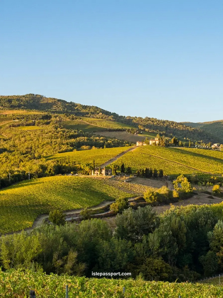 Rolling green and golden hillsides covered in vineyards with a rustic stone farmhouse estate nestled in the valley in Greve in Chianti.