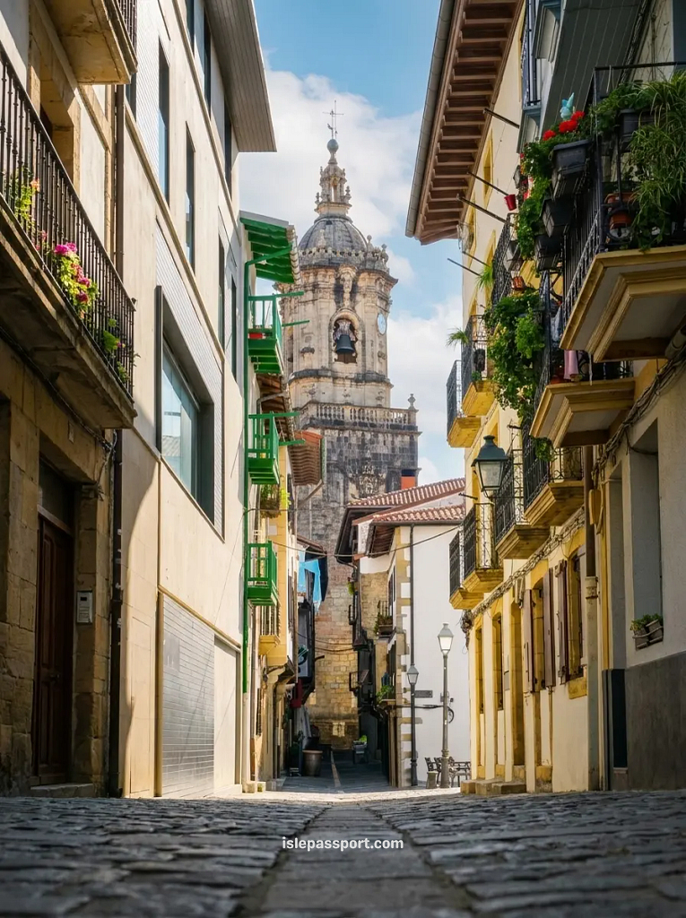 Narrow cobbled lane in Hondarribia's walled old town with a Baroque church tower at the end, yellow and white balconied buildings on either side decorated with red geraniums and potted plants