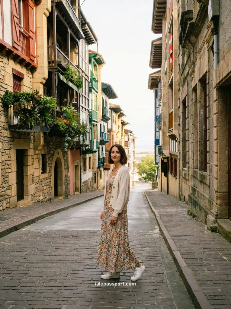 Woman in a long floral dress standing on a cobbled street in Hondarribia's medieval old town, lined with colourful Basque balconies overflowing with greenery and a Basque flag visible in the background