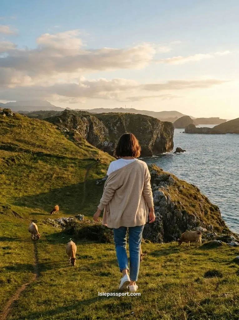 Woman walking a grassy clifftop path near Llanes in Asturias at golden hour, with cows grazing nearby and dramatic sea cliffs and the Cantabrian sea stretching to the horizon behind her