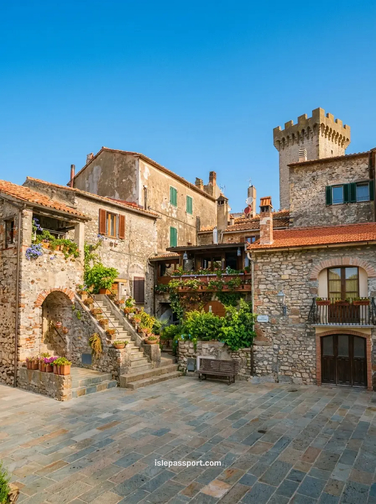 A quiet courtyard in a medieval stone village in the Maremma region, featuring potted plants, an outdoor staircase, and an ancient defensive tower under a bright blue sky.