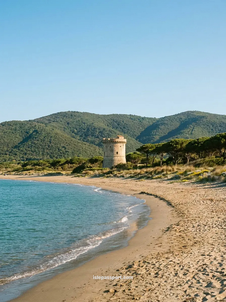 A tranquil photo of my escape to the untouched coastline at Marina di Alberese, where simple waves wash up on natural, dune-backed sand next to a grove of coastal umbrella pine trees in the Maremma nature reserve.