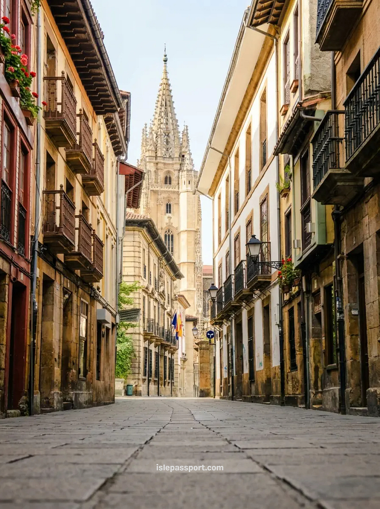 Quiet cobblestone street in Oviedo's old town leading towards the twin Gothic spires of the Cathedral of San Salvador in Asturias, northern Spain