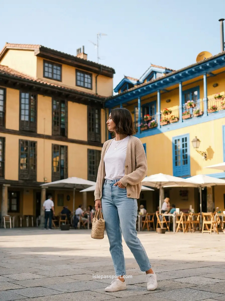 Woman with a straw basket bag standing in a sunny plaza in Oviedo, surrounded by the yellow and blue traditional Asturian balconied buildings with flower-filled terraces in the background