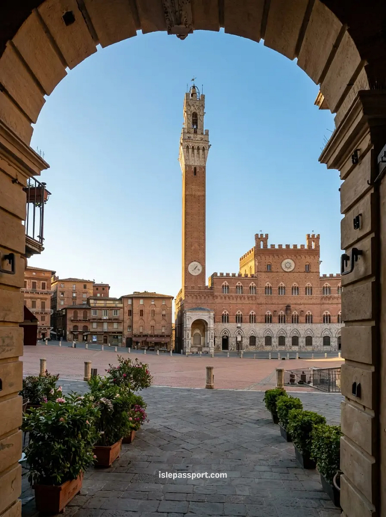 A view of the Torre del Mangia and Palazzo Pubblico through a stone archway in Piazza del Campo, Siena.