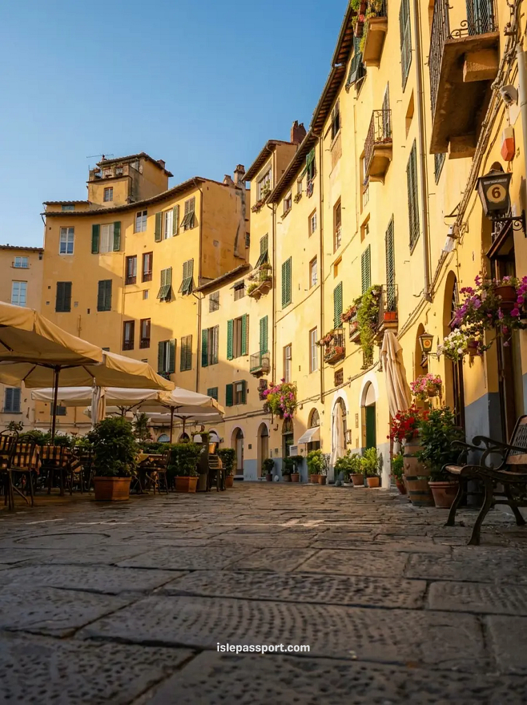A ground-level view of the unique, circular Piazza dell'Anfiteatro in Lucca, surrounded by yellow buildings with green shutters and outdoor cafe umbrellas.