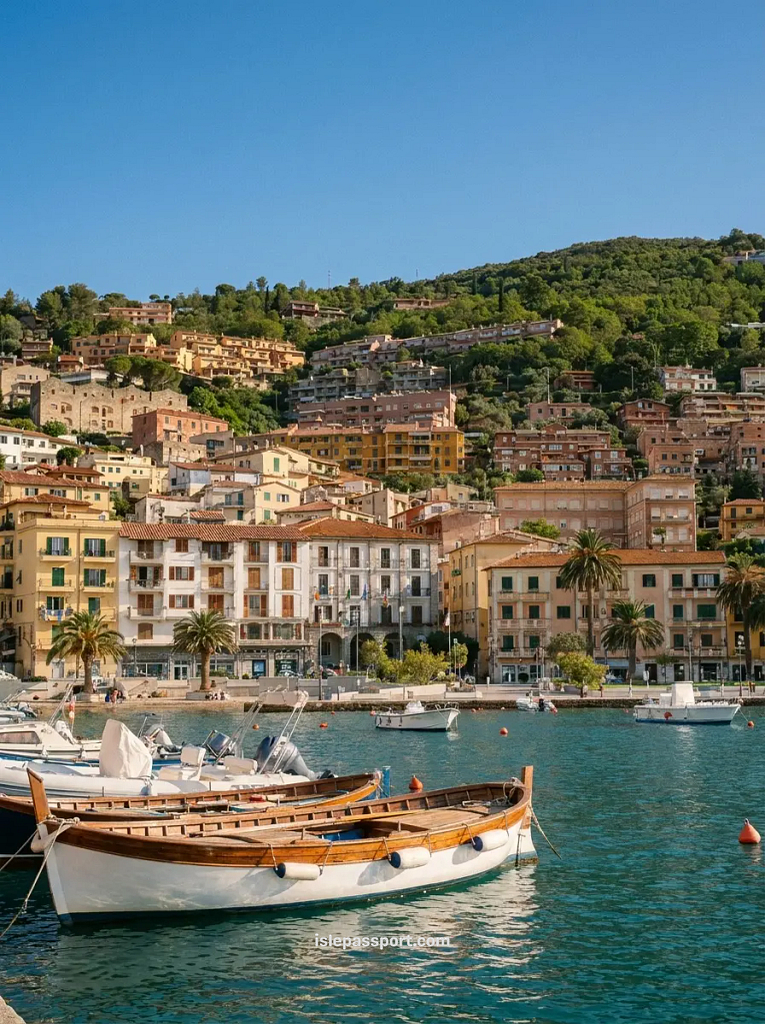 A photo from the waterfront in Porto Santo Stefano, showing a classic wooden Italian fishing boat moored in the foreground of the colorful harbor and the steep, terraced town of Monte Argentario.