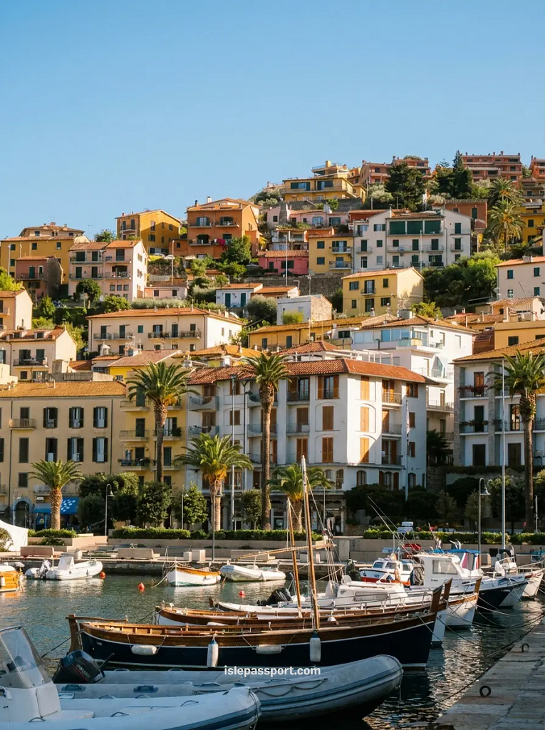 A scenic harbor in Porto Santo Stefano filled with docked fishing boats and yachts, with colorful houses and palm trees climbing the hillside behind it under a clear blue sky.
