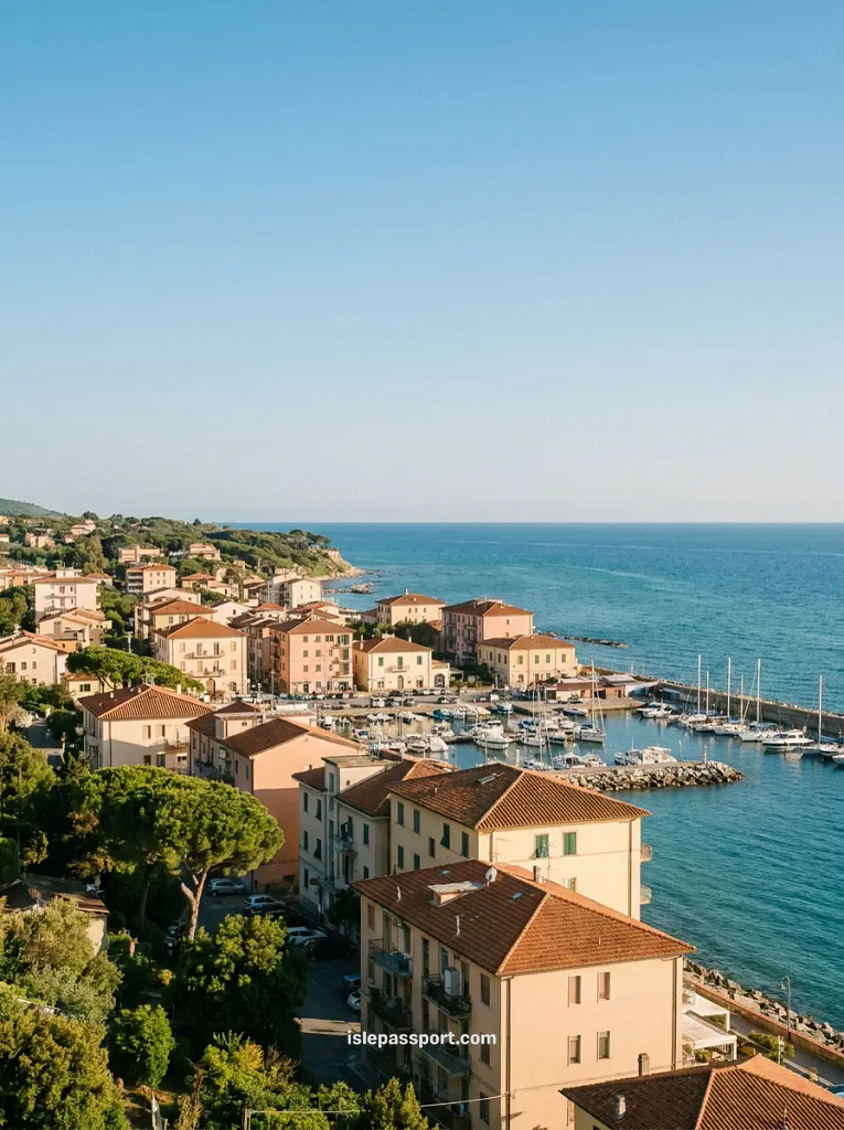A wide view of my stay in San Vincenzo, showcasing the local harbor filled with yachts and classic apartment buildings running right alongside the clear turquoise water.