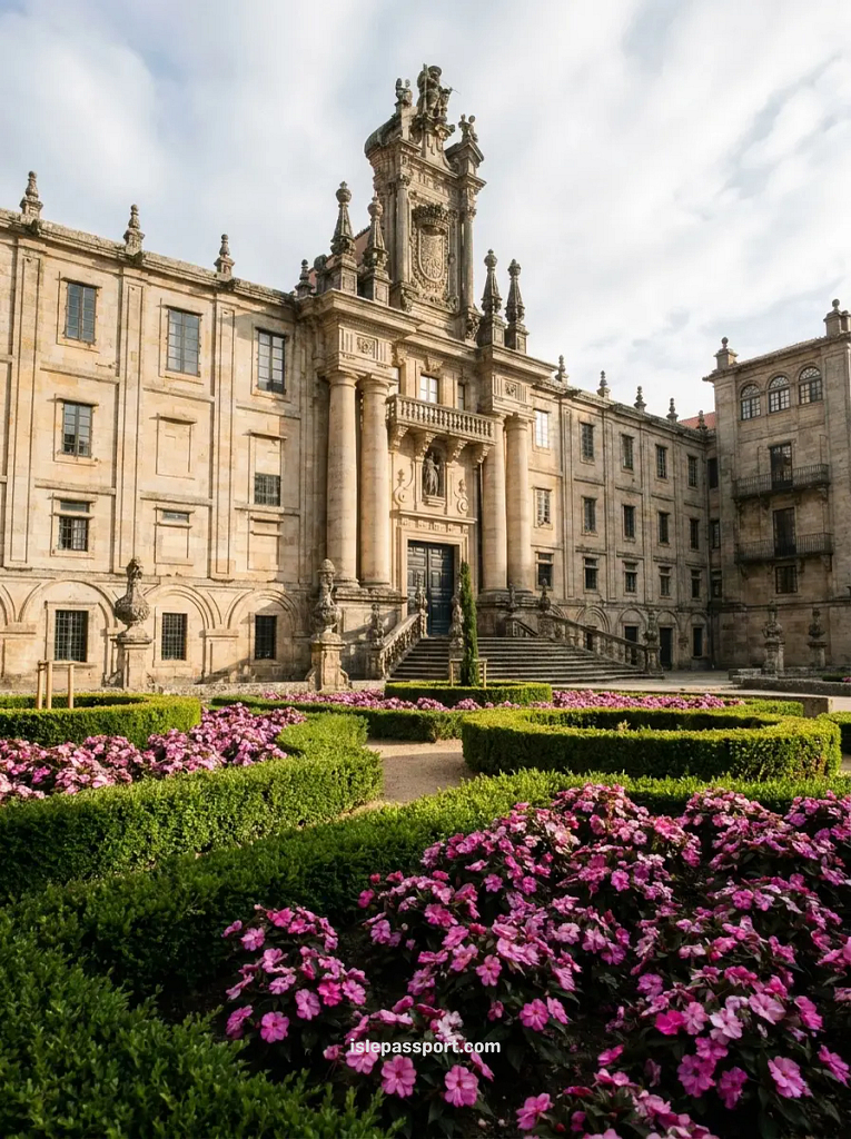 The ornate Baroque facade of San Martín Pinario monastery in Santiago de Compostela framed by formal hedged gardens blooming with pink flowers in summer