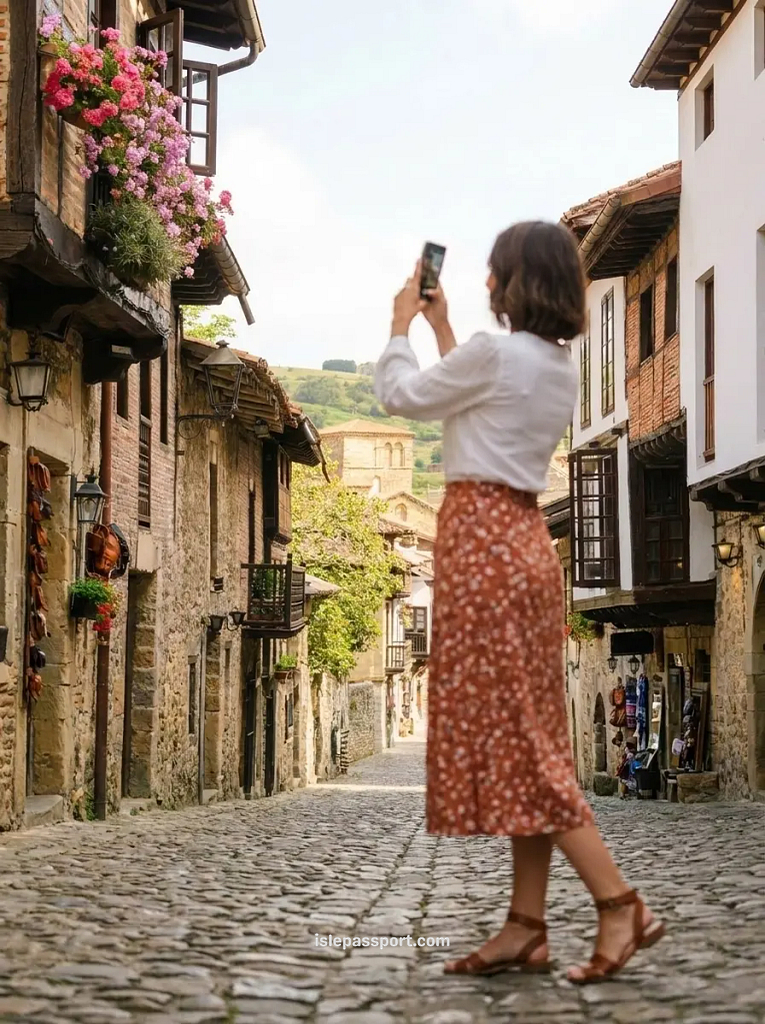 Woman taking a photo on a smartphone while walking down a cobbled medieval lane in Santillana del Mar, with pink geraniums trailing from wooden balconies of the ancient stone houses in Cantabria