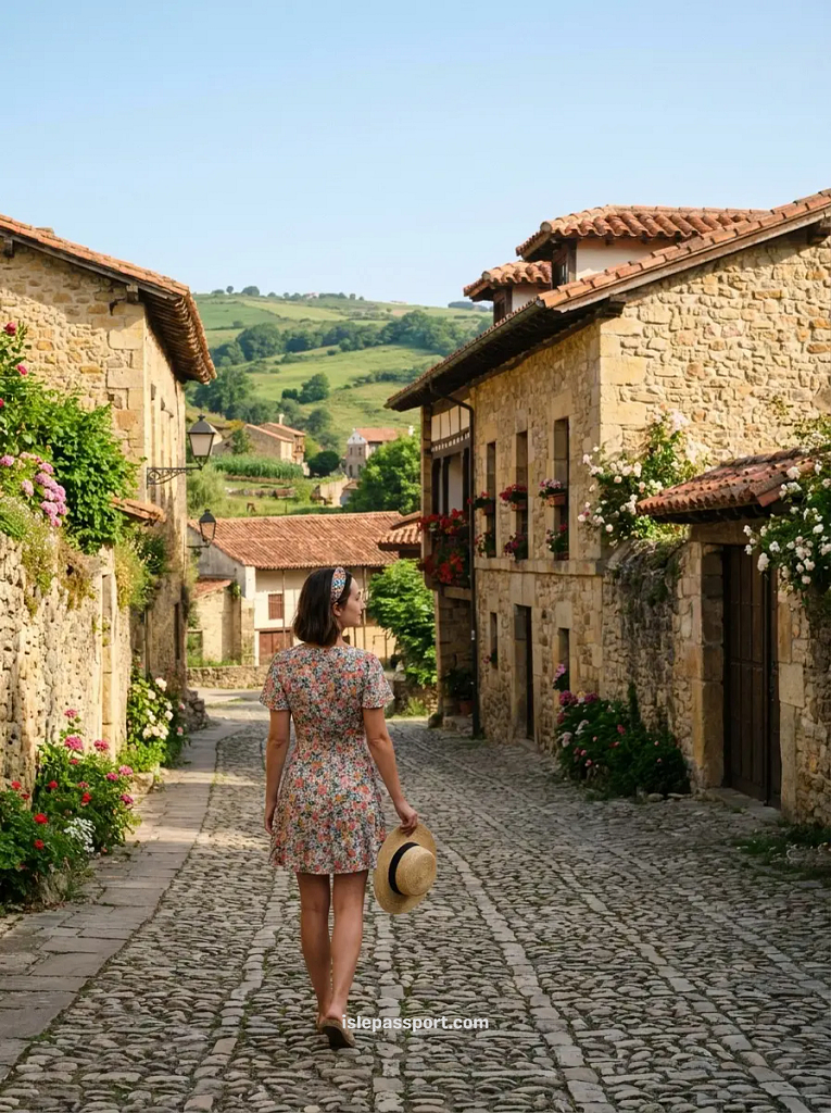 Woman in a floral dress and straw hat walking away along a sun-drenched cobbled lane in Santillana del Mar, flanked by rose-covered stone cottages with terracotta roofs and green hills visible beyond
