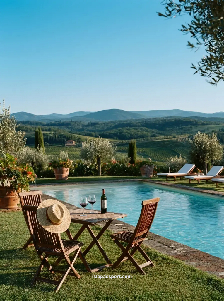 A rustic stone agriturismo bedroom in Tuscany with open wooden shutters looking out onto a sunny terrace and rolling green hills.