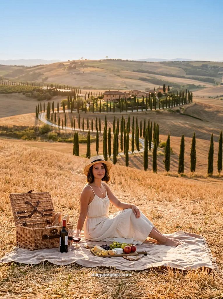 A woman enjoying a scenic countryside picnic with wine and cheese on a blanket, overlooking rolling golden hills and a winding cypress road in Val d'Orcia.