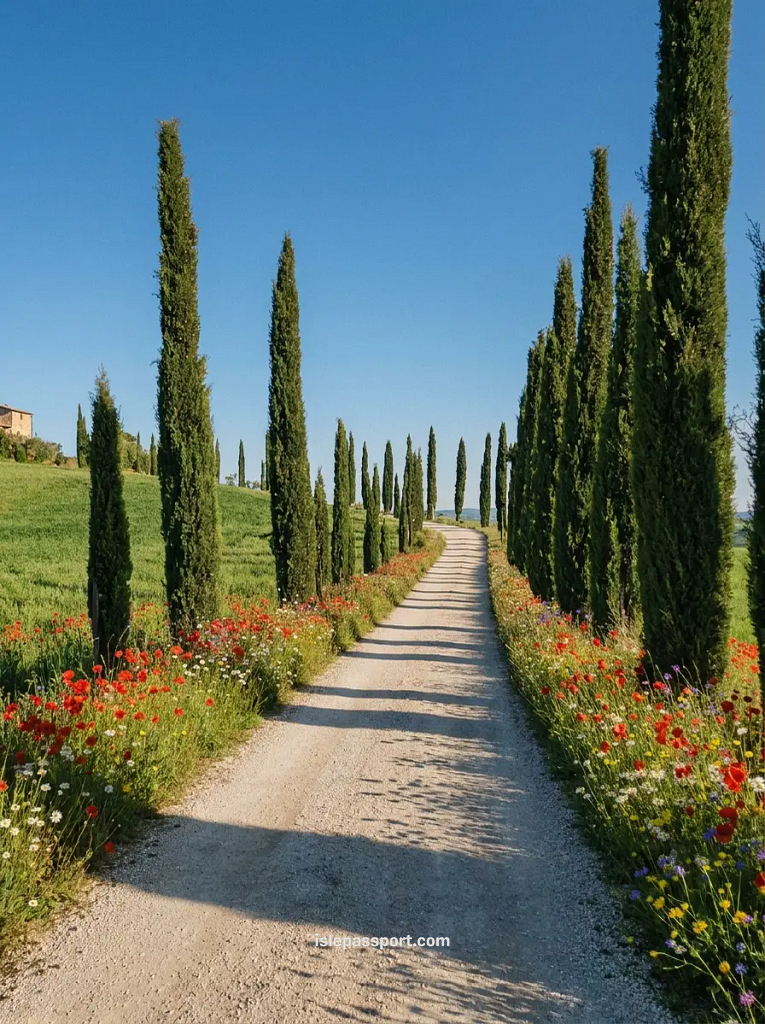 A classic dirt road in Val d'Orcia lined with tall cypress trees and vibrant red poppies and wildflowers blooming along the edges under a bright blue sky.