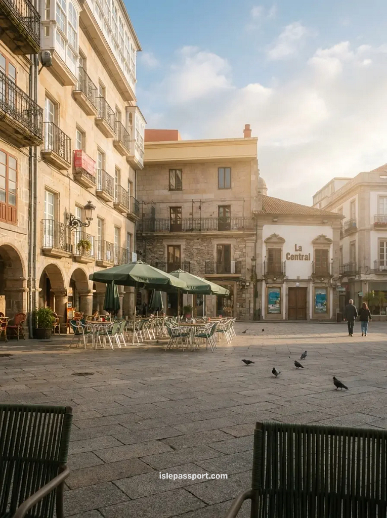 Almost-empty cobbled plaza in Vigo's old town at morning light, with café chairs and parasols set up under medieval stone arcades and pigeons roaming the flagstones in Galicia