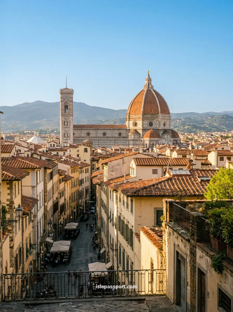 A scenic view looking down a narrow historic street in Florence leading toward the massive Brunelleschi's Dome.