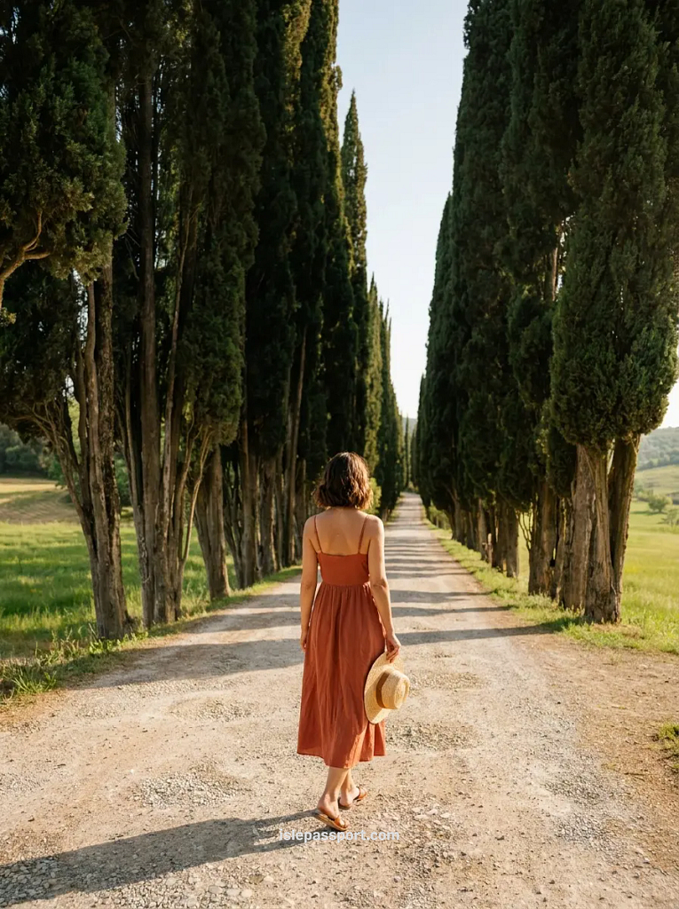 A woman in a rust-colored dress walking down a dirt road lined with tall, classic Tuscan cypress trees under a clear blue sky.