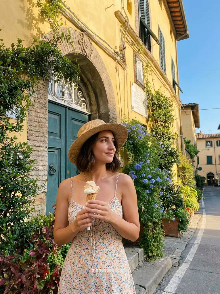 A woman holding a gelato cone while walking past yellow historic buildings and blooming blue flowers in Lucca.