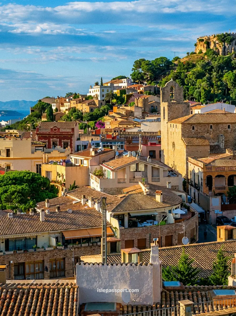 Scenic view of the historic medieval hilltop town of Begur in Catalonia, Spain, featuring stone houses and the ruins of Begur castle.