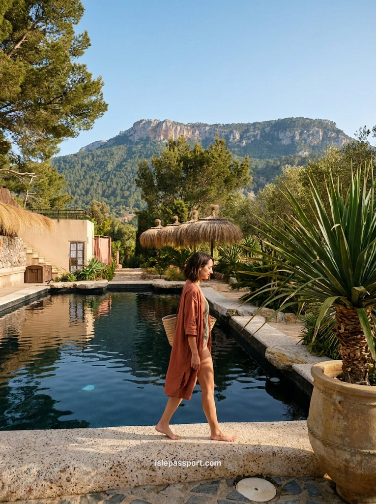 Woman in a linen dress walking beside a dark pool at a boutique finca hotel near Soller, Mallorca, with the Tramuntana mountains behind