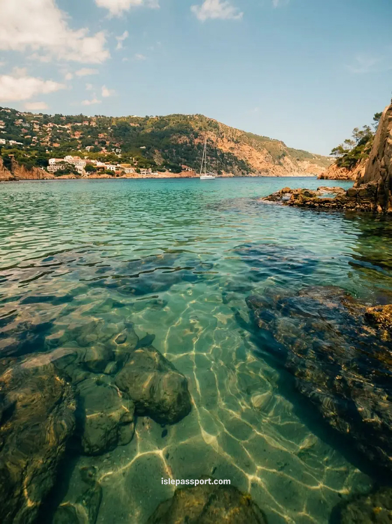 Crystal clear turquoise water and rocky seabed at Cala Aiguablava in Begur, one of the best beaches on Costa Brava, with a sailboat anchored in the bay.