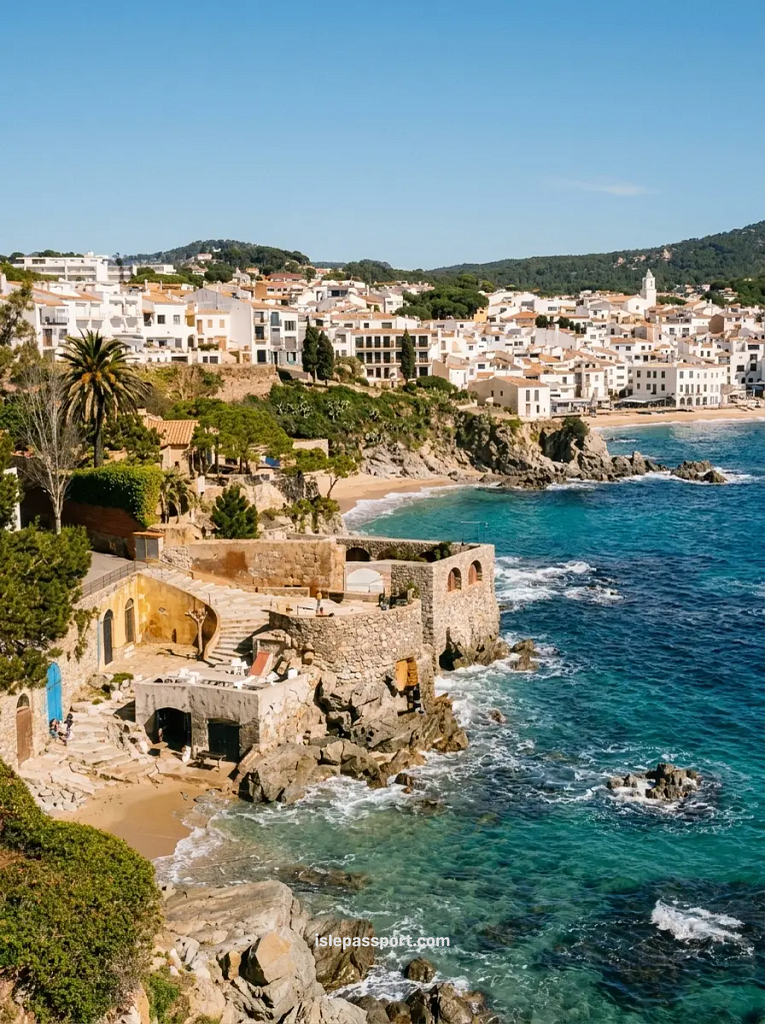 The picturesque white-washed waterfront buildings, stone arches, and traditional wooden fishing boats on the sand at Port Bo beach in Calella de Palafrugell.