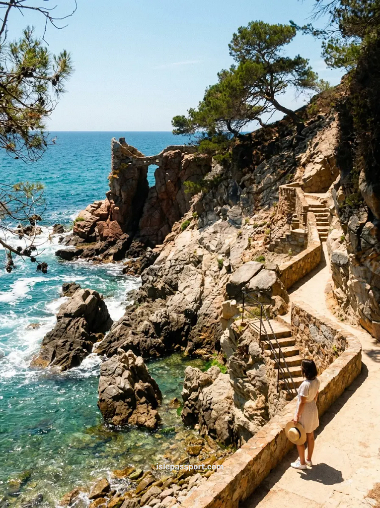 The scenic Cami de Ronda coastal hiking trail winding along rugged cliffs and green pine trees overlooking a hidden rocky cove on the Costa Brava.