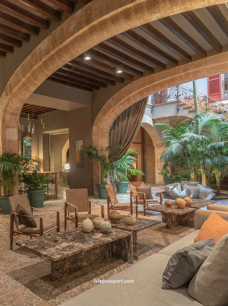 Stone-arched lounge with armchairs and marble tables opening onto a courtyard with palm trees and ironwork balconies at Hotel Can Cera, a boutique hotel in Palma de Mallorca's old town