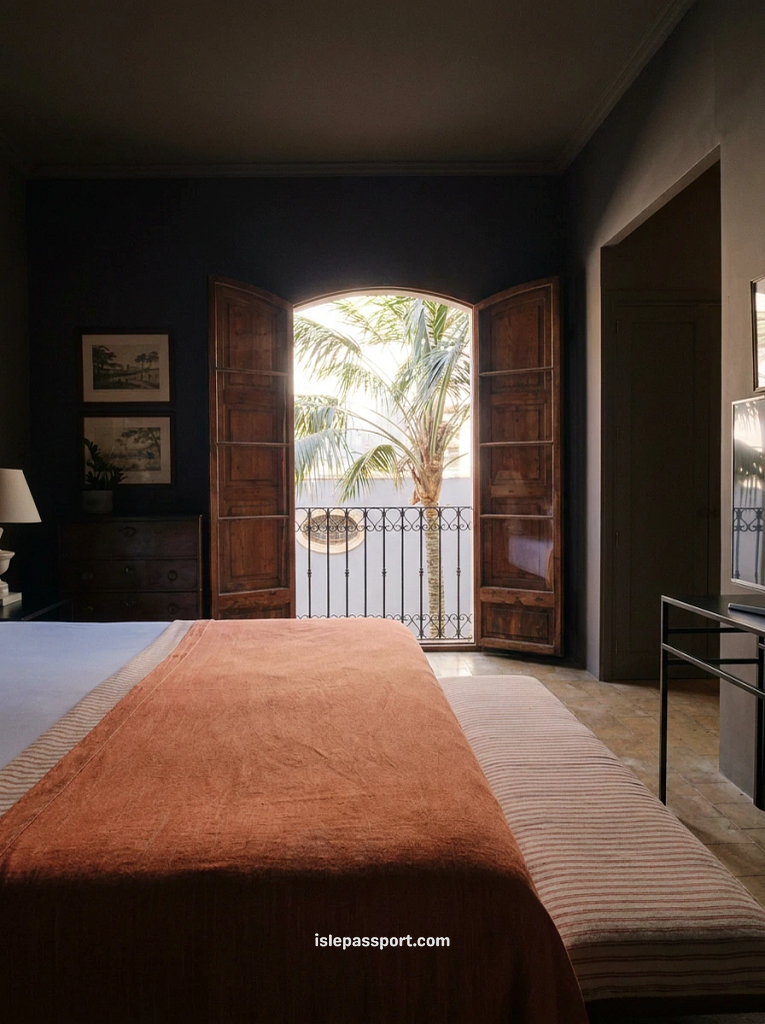 Hotel bedroom with terracotta bedspread and wrought-iron balcony doors open to a palm tree, at a boutique hotel in Palma de Mallorca's old town